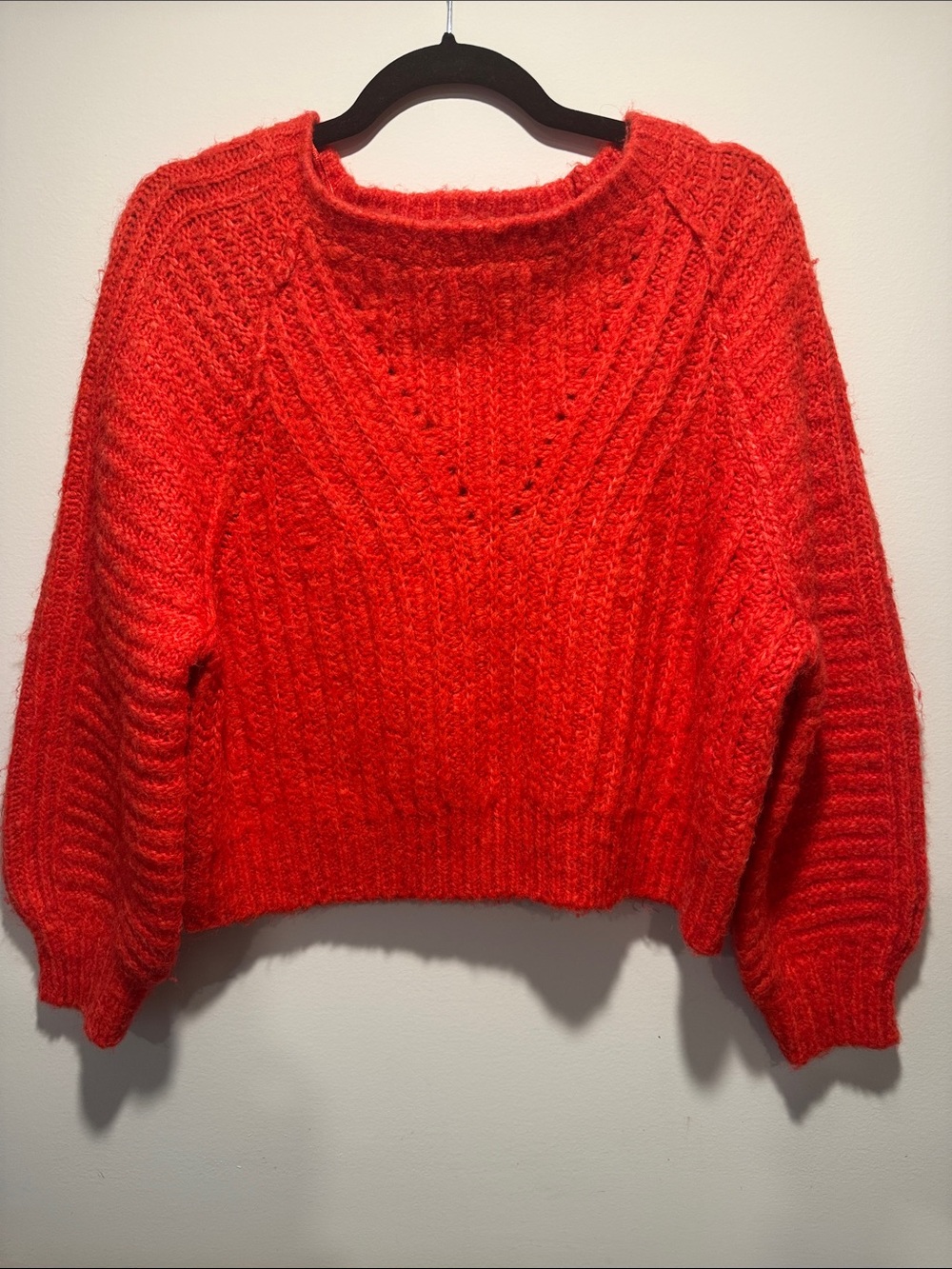 Free People Bright Red Textured V-Detail Crewneck Sweater